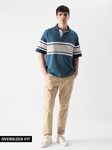Image of The Souled Store Solids: Ocean Blue Colourblock Mens Oversized Fit Solid Half Sleeve Cotton Multicolored Oversized Polos