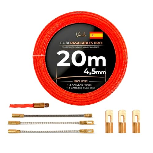 VARALS Guía Pasacables Profesional 20m (Ø 4,5mm) | Sonda Pasacables de Poliéster Trenzado Monofilamento de Alta Rigidez | Incluye 6 Puntas Intercambiables M5 para Electricista y Canalizaciones