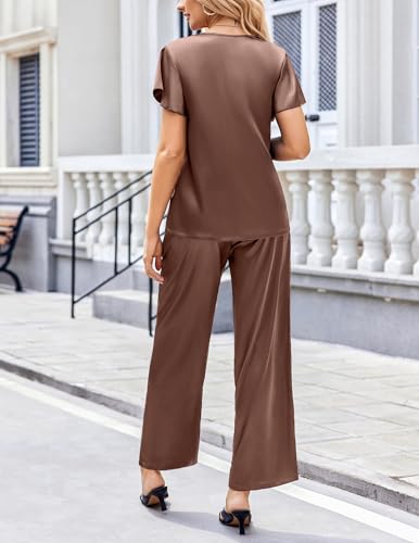Image of Ekouaer Women's Satin Silky Pajama Set 2 Piece Short Sleeve Shirt with Long Pants Pjs Sets Soft PJ Loungewear S-XXL
