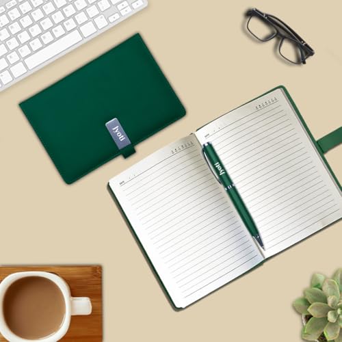 Image of Giftana Personalized Notebook Diary with Pen Gift Set for Men and Women, 2 in 1 Customized Office Diaries A5 Size Notebook, Diwali Gifts, Personalised New Year Corporate Gifts for Employees (Green Silver)