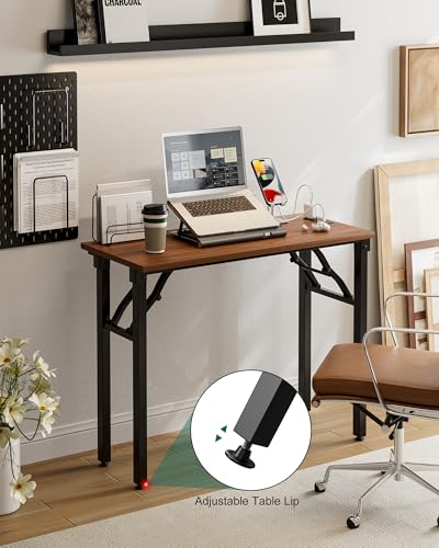 Image of Frylr Small Folding Computer Desk - 35.8 Inch Portable Table for Craft and Study, Lightweight Desk for Small Spaces, Foldable Laptop Table Built-in AC /USB Outlets for Convenience, Dark Walnut