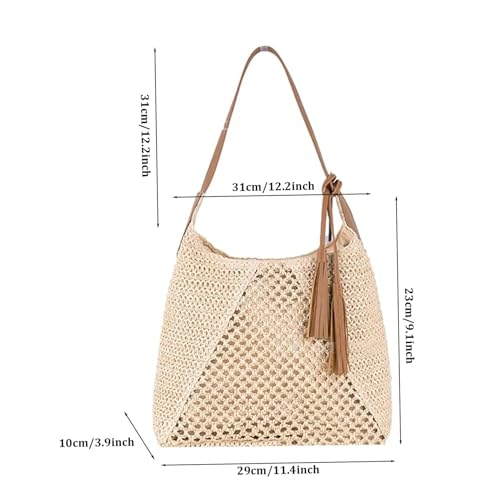 Bolso de paja, bolsos de verano con colgante de borla, bolso tote tejido grande para la playa, bolso casual de hombro, marrón claro, bolso de verano miniatura 4