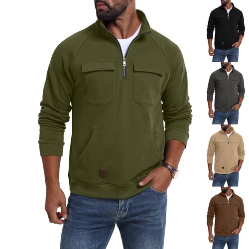 Quarter Zip Pullover Men Cotton Fleece Lined Mock Neck Sweatshirt Soft Comfy Lightweight Sweat Sweater Front Pockets