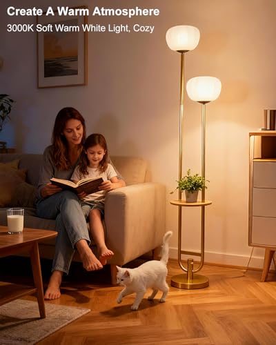 Image of Lightdot 63IN Gold Floor Lamp Dimmable Standing Lamps with Tray Pumpkin Bulbs Included Unique U-Pole Mid Century Modern Tall Lamp with 5Lbs Heavy Base for Living Room /Party /Sofa Beside /Corner Decor