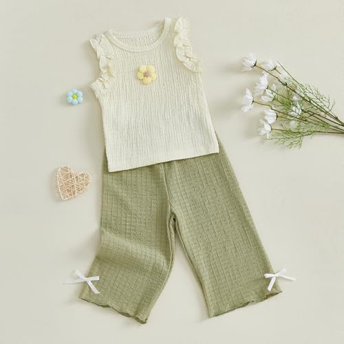 VISGOGO Toddler Girl Summer Outfits Sleeveless Ruffle Tank Tops + Bow Wide Leg Pants Set Flower 2Pcs Baby Girl Clothes3