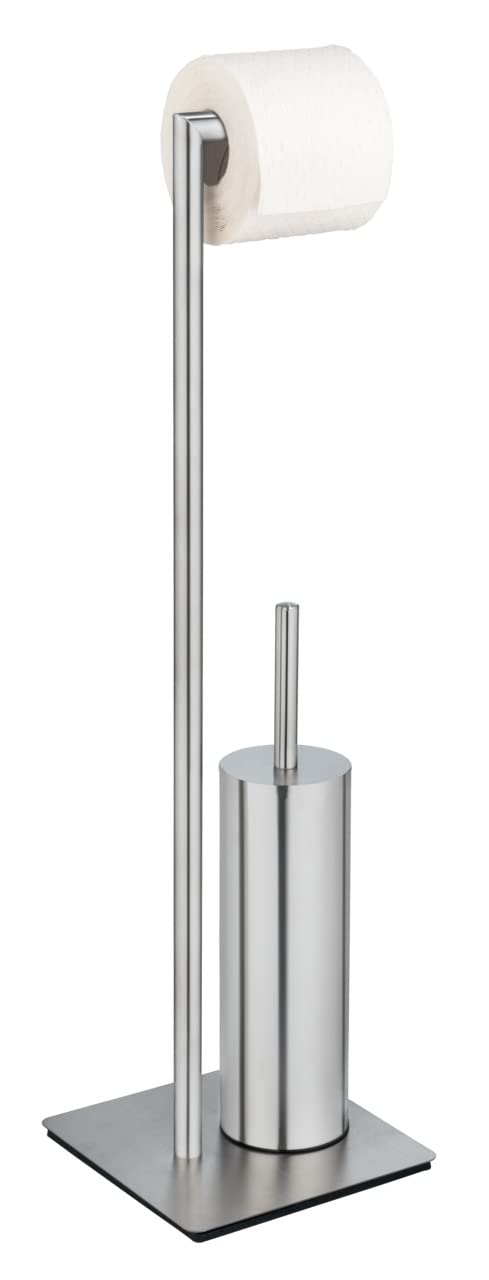 WENKO Set de accesorios de pie para inodoro Recco, escobillero y portarrollos de acero inoxidable satinado con base firme, incl. escobilla con cabezal de silicona, 20 x 71,5 x 20 cm