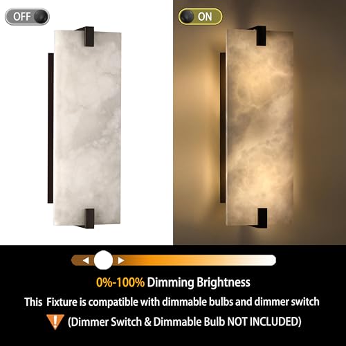 Image of 2 Light 15.7 inch Natural Square Alabaster Marble Bathroom Wall Sconce Modern Concise Style Wall Light Fixture,Oil Rubbed Bronze Finish for Bedroom Hallway Bedside Living Room
