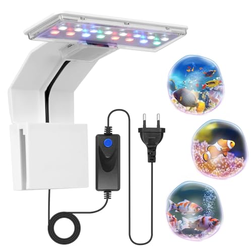 Adiwo Lampe Aquarium, 9W 600LM Eclairage tricolore Lampe à Pince pour Aquarium, 16 Perles de Lampe LED LED Lampe Aquarium, Convient pour Aquarium de 6 mm d'épaisseur, pour Poisson et Plantes (Blanc)