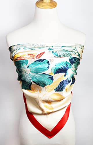 Vabovin 35'' Silk Feeling Hair Scarf, Satin Square Head Scarves, Neckerchief For Women Fashion (Green Flowers Beige Background) #TOP2