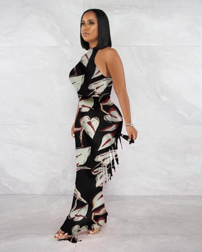 Image of 2 Piece Outfits for Women Sexy Halter Neck Sleeveless Crop Tops Ruched Bodycon Dresses Jumpsuits Fringe Skirt Sets