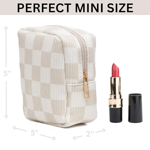 Mini Makeup Bag, Small Makeup Bag for Purse, Small Cosmetic Bag for Purse, Small Cosmetic Bag, Checkered Pouch, Cute Mini Pouch, Small Medecine Bag, Makeup Bag Small (Beige)2