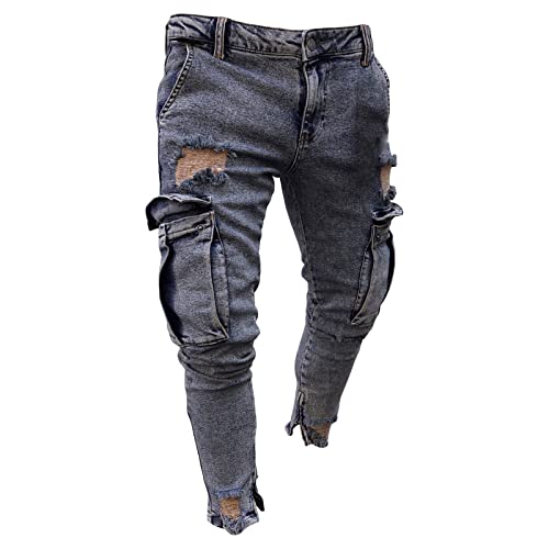 Men Trend Vintage Ripped Skinny Jeans Multi Pockets Stretch Slim Denim Trousers Retro Washed Moto Fit Hole Pants (Dark Blue,Small,5,OZ)