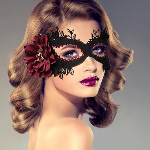 Cosysparks Masque bal masqué Vintage pour femmes, masque de masque en feutre costume noir Halloween masque avec fleur rouge 1920 's carnaval Party Mask...