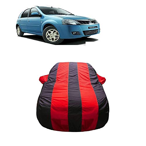 Bull Rider Red Stripe Car Body Cover for Mahindra E Verito with Mirror Pocket