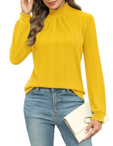 Micoson Womens Mock Neck Blouses Pleated Textured Shirts Long Sleeve Stretch Casual Tunic Tops Dressy Fashion Blouse