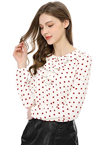Allegra K Women's Ruffle Neck Long Sleeve Vintage Polka Dots Tunics Blouse Shirt L White Red