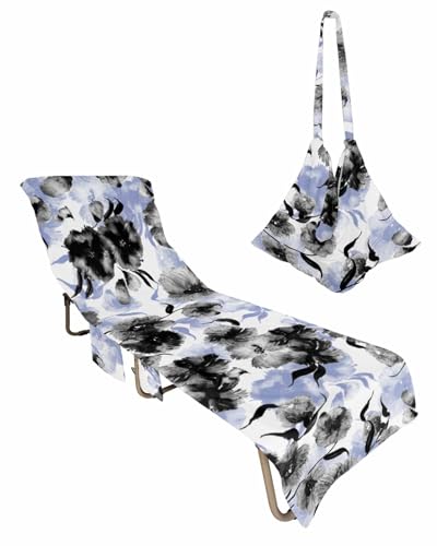 Blue Botanical Beach Lounge Chair Towel Cover, Soft Chaise Lounge Towel with Side Pockets Patio Pool Chairs Cover for Beach/Pool Sunbathing 29x85 Watercolor Black Spring Summer Floral Elegant