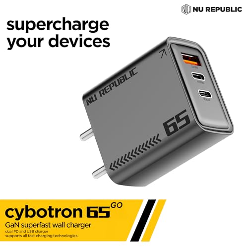 Image of Nu Republic Cybotron 65W GO GaN Superfast Wall Charger, 65W Output Compatible with MacBook & Type-C Laptop Charging, iPhone, Samsung, OnePlus, Nothing (Grey)