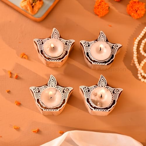Image of Ascension Pack of 4 Wooden Diya Shaped Tea Light Candle Holder Handmade Wooden Block Print Tealight Candle Stand Decorative Items for Puja Gifting Indoor Outdoor Diwali Decoration Home & Office Decor