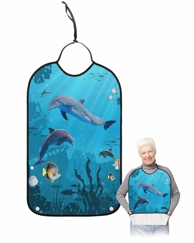 LEOKOTI Blue Ocean Adult Bibs for Eating, Waterproof Bibs with Food Catcher & Adjustable Snap Closure, Coastal Nautical Summer Beach Fish Washable Clothing Protectors Adult Bibs for Elderly Women/Men