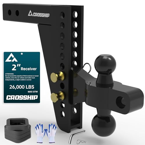 CROSSHIP Adjustable Drawbar Trailer Hitch - Fits 2'' Receiver, 8'' Drop/Rise Ball Mount, Solid Dual Ball (2' x 2-5/16') Tow Hitch 26,000 LBS GTW Heavy Duty Truck with Pin for Class III & IV