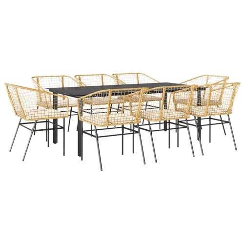 Mhdvray 9-TLG - Juego de comedor de jardín (200 x 100 cm, polirratán, con 8 sillas y cojín, mesa de jardín con tablero de cristal, resistente a la intemperie y robusto, para balcón, terraza y jardín