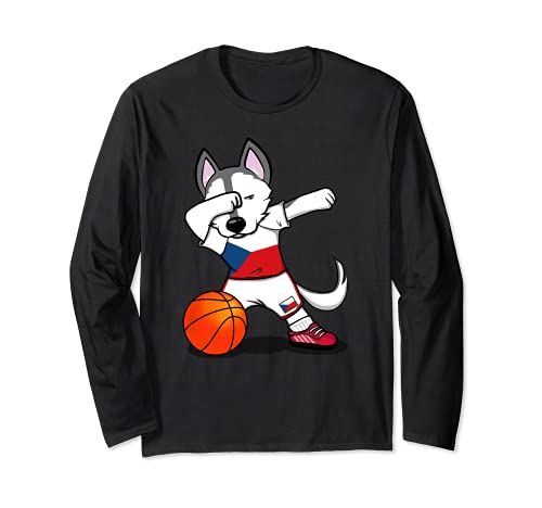 Dabbing Husky Dog Czech Republic Basketball Fans Jersey Flag Long Sleeve T-Shirt, Black