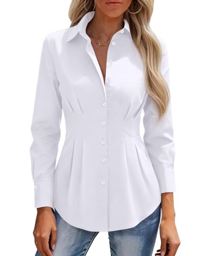 siliteelon Button Down Shirts for Women Cinched Waist Dress Shirt Long Sleeve Cotton Blouse Business Casual Fitted Blouse Top White