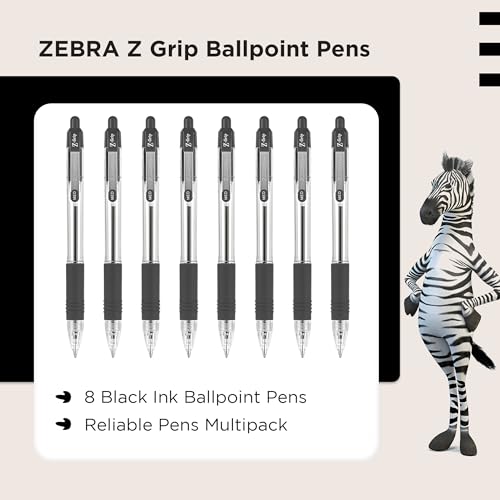 Zebra Pen Z Grip Black Ballpoint Pens With Pocket Clip 8 Pcs, Retractable Ink Ballpoint Pens, Reliable Bio Pens Multipack For Daily Use Design, New Pack Size