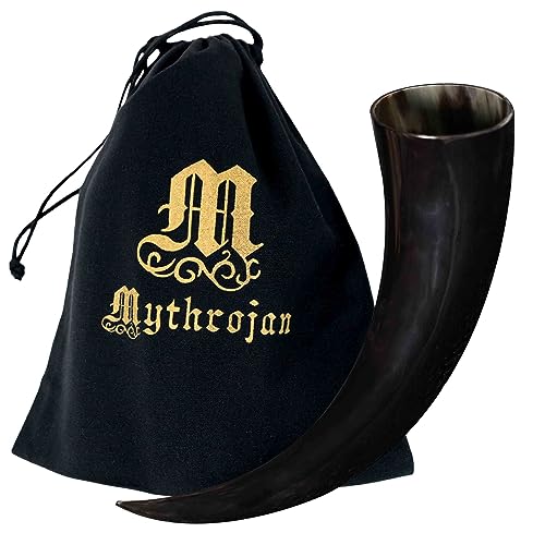 Mythrojan Cuerno vikingo nórdico medieval con bolsa de lona, cuerno natural 100% auténtico para beber cerveza, vino, whisky, hidromiel, cosplay, SCA, LARP, 250 ml