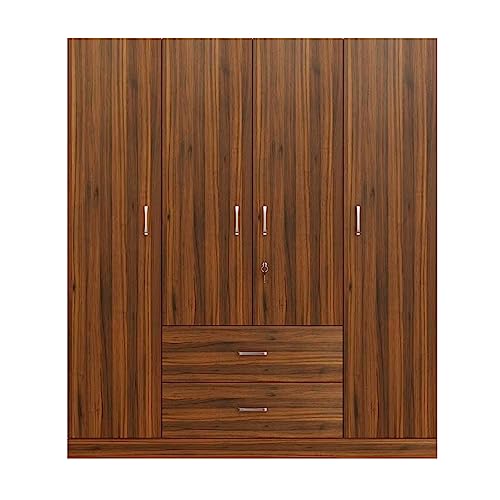 Image of VIKI Wardrobe | Wooden Almirah for Clothes,Door for Bedroom, 4 Door Wardrobe with Drawer & Hanging Space (Brussel Walnut - 40D x 160W x 180H) | 1 Year Warranty | Free Assembly