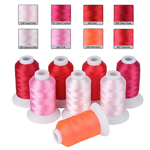 Image of Simthread 8 Shades 550Yds Each 40WT Polyester Embroidery Thread Red Set | 8-shade red set with 550Yds each offers smooth 40WT polyester thread for home and commercial embroidery machines.