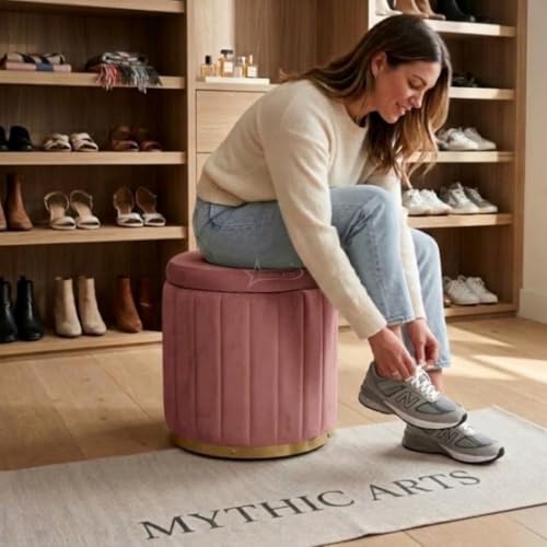 Image of Superior Round Storage Ottoman Stool 13 X 13X 16 inch, with Gold Metal Base | Elegant Pouffe with Secret Storage | Cushioned Footrest for Living Room, Bedroom, and Lounge Pink