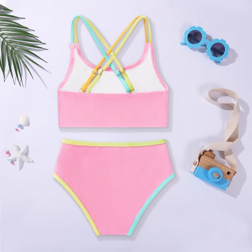 Girl's 2 Piece Bikini Set Toddler Color Block Criss Cross Bathing Suits High Waist Swimwear Cute Swimsuit for 18M-6Y3
