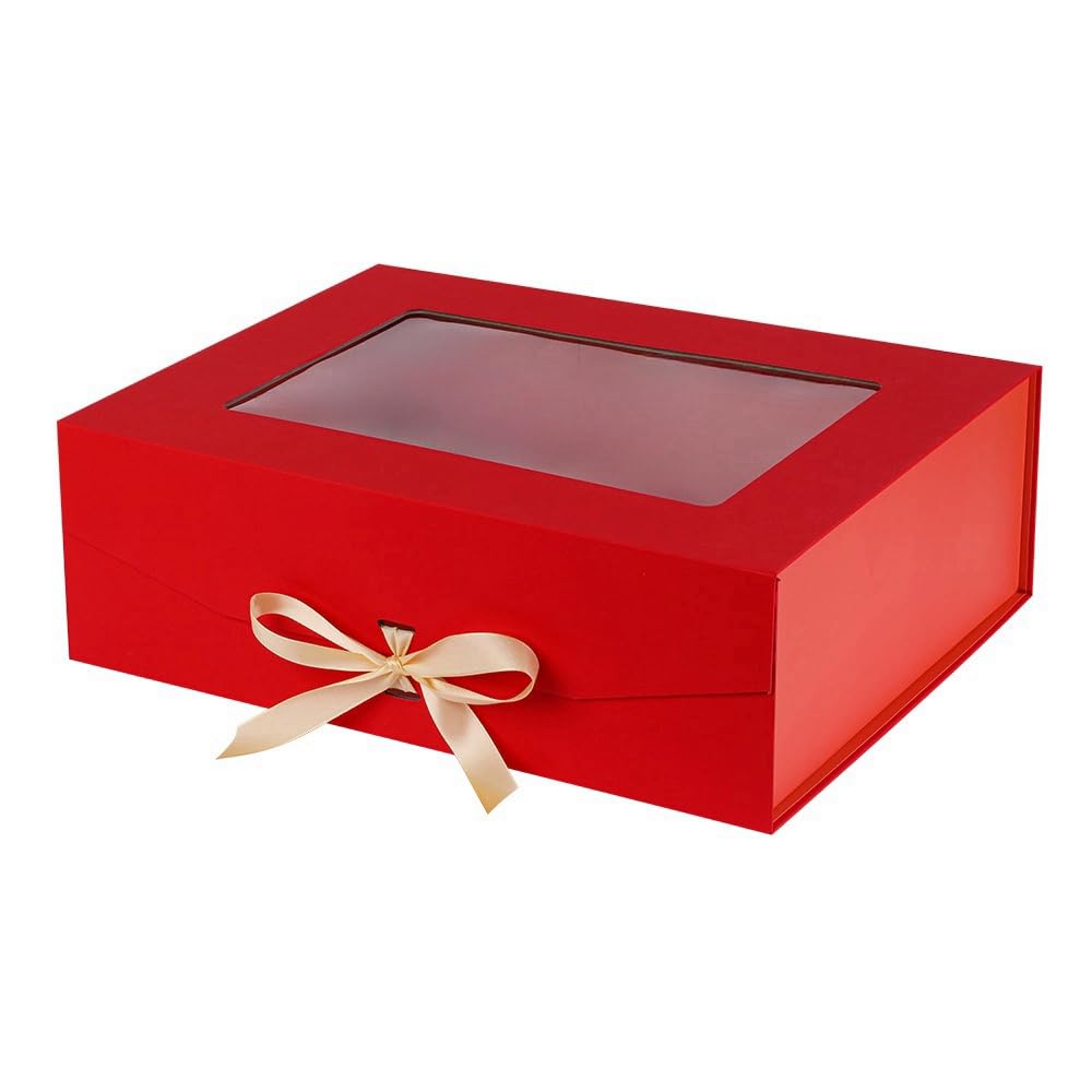 PLINJOY Red Extra Large Gift Box for Presents with Ribbon 16.5x13x5.3 Inches Clear Gift Box with Window Magnetic Closure Gift Boxes with Lids