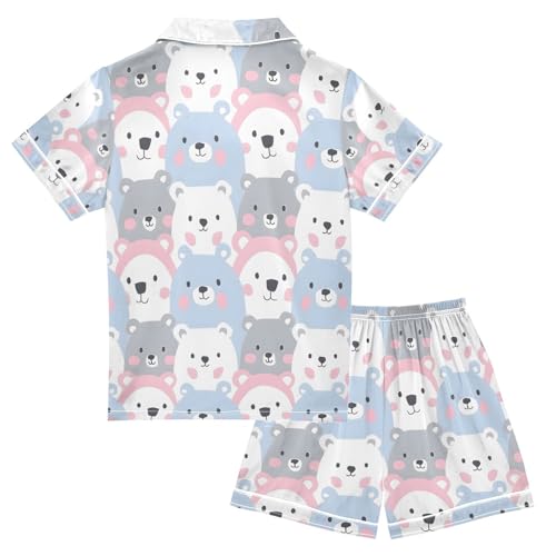 ALAZA Bear White Blue Gray Pajamas Satin Pajama Set Short Sleeve Button Down Sleepwear2