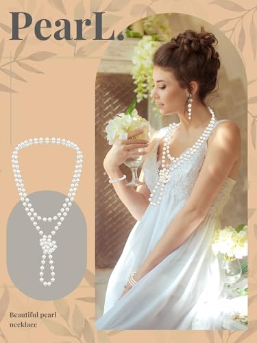 Image of BBTO 8 Pcs Pearl Necklace Earring Set Women Wedding Jewelry | Multi Layer Pearl Necklaces Bracelets, Rhinestones, Pearl Gift for Bridal Shower Birthday, Party Costume Jewelry