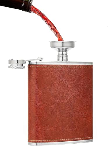 Image of Leather Stainless Steel Hip Flask with 4 Shot Glasses with Funnel, Liquor, Wine, Whiskey, Alcohol Drinks Holder Pocket Beverage Bottle for Men and Women