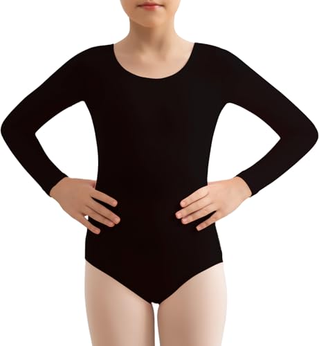 Tegmk Maillot de danza para niñas para ballet, correas transparentes desmontables ajustables, forro frontal completo, Z - Negro - Manga larga, 4-6 años