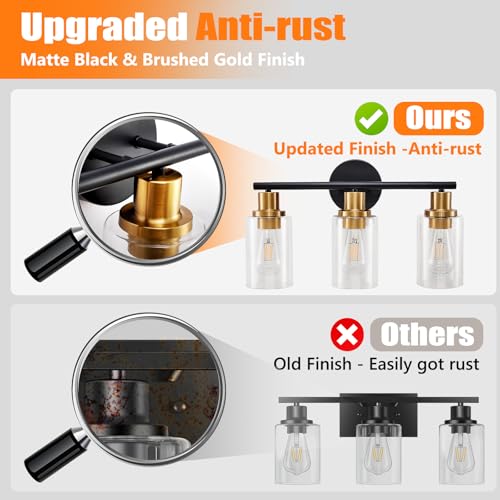 Image of DLLT 3-Light Bathroom Light Fixtures: Black and Gold Modern Vanity Lights with 3 E26 Bulbs - Clear Glass Shade Bathroom Wall Lamp for Mirror Kitchen Living Room Hallway Cabinet Porch