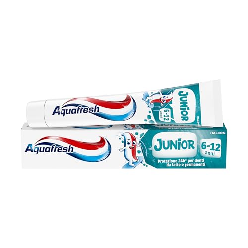 Aquafresh Dentifricio Junior, Dentifricio Bambini 6 - 12 anni, 24h di protezione dagli acidi degli zuccheri grazie al fluoro, per denti da latte e permanenti, 75 ml