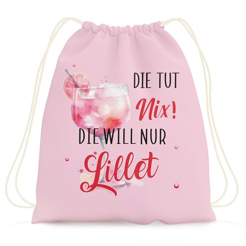 Lillet Geschenkset Rucksackbeutel für Frauen mit Spruch Die TUT nix die Will nur Lillet Kordelzug Tasche für Festival Geburtstag JGA Reise Party Accessoire Wildberry Lillet Geschenkidee