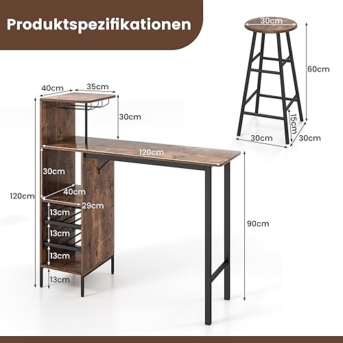 COSTWAY Bartisch mit Barhocker Set, 2 Personen Bartisch Set mit Halterungen für Weingläser und Flaschen, Küchentheke für Wohnzimmer, Esszimmer und Küche (Kaffee)