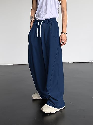 OYOANGLE Men's Drawstring Elastic Waist Baggy Sweatpants Y2K Loose Wide Leg Long Pants with Pocket4