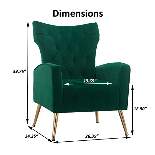Altrobene Velvet Accent Chair Modern Wingback Comfy Chair Tufted Reading Armchair With Gold Legs For Living Room/Bedroom, Green #TOP1