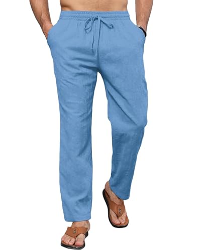 LAOARA Pantalon en Lin Homme Plage Leggeri Pantaloni Estivi Homme Long Pantalon en Coton Motivi Ricamati Bleu M