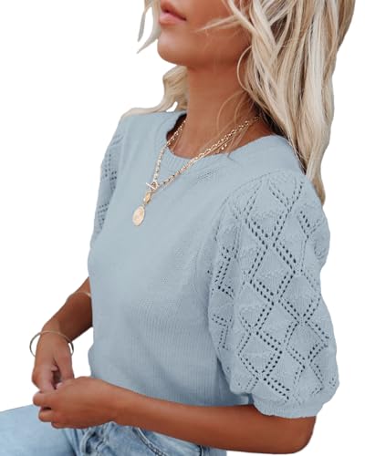 Image of Womens Short Sleeve Sweaters Crewneck Knit Pullover Tops 2025 Summer Casual Lightweight Crochet Blouse Shirt
