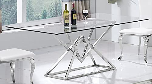 Bador Daimond - Mesa de comedor de acero inoxidable y cristal, 160 x 90 cm