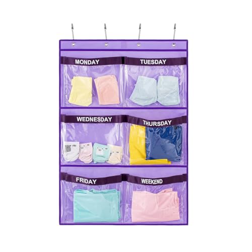 TEMUORG Weekly Clothes Organizer Day of Week School Clothing Storage Hanging Closet Organization for Kids Monday to Weekend (PURPLE)