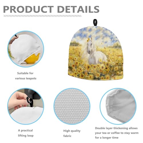 Image of Sunflower Horse Print Handmade Tea Cozy Kitchen Home Decorations Teas Cosy Creative Gifts Tea Cozies for Teapot Keep Warm Double Tnsulated Kettle Cover for Office